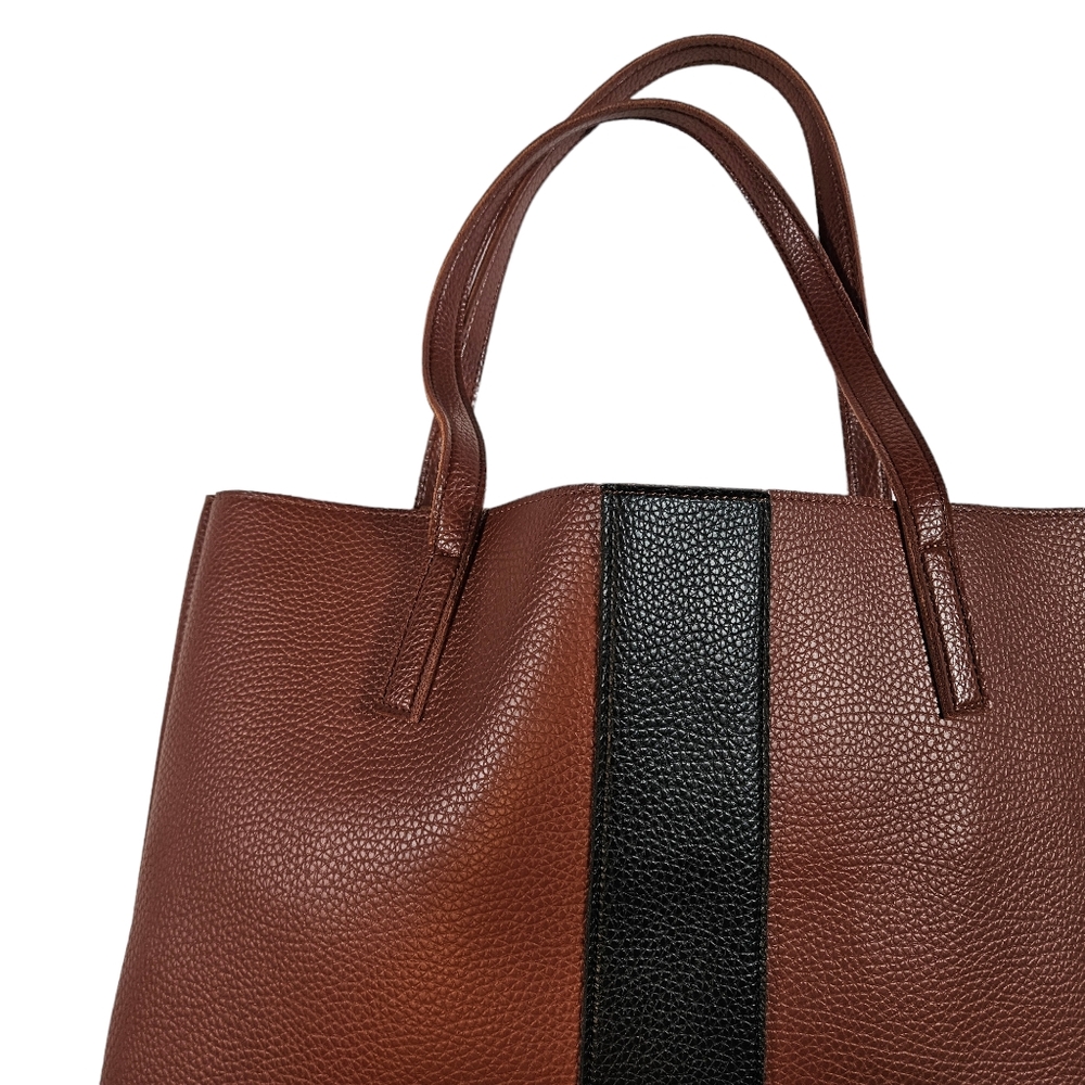 Vince Camuto Luck Brown Black Vegan Faux Leather Tote Bag Pebbled Laptop Career - Picture 7 of 13